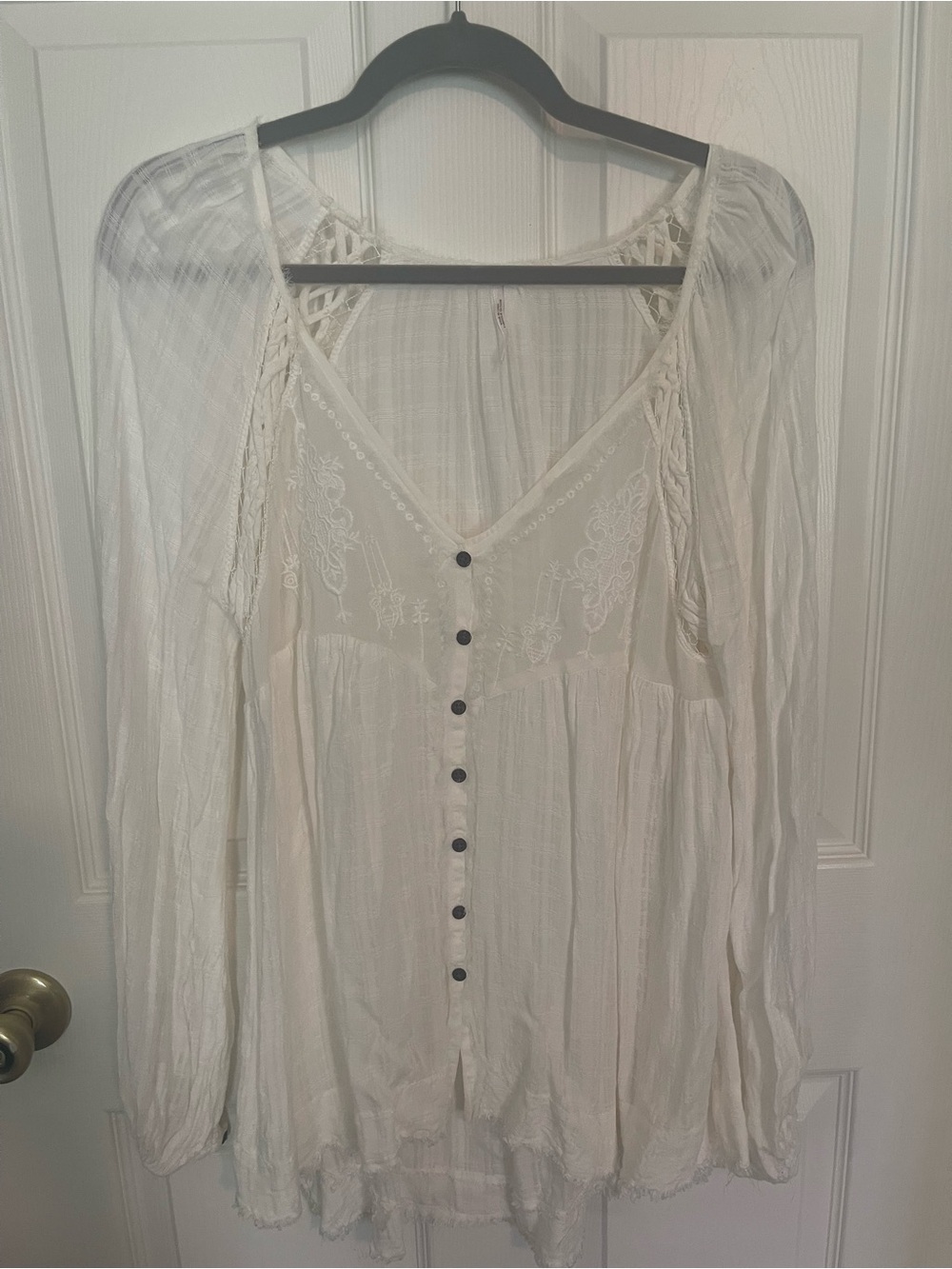 Free People Ivory V-Neck Button Front Lace Peasant Blouse